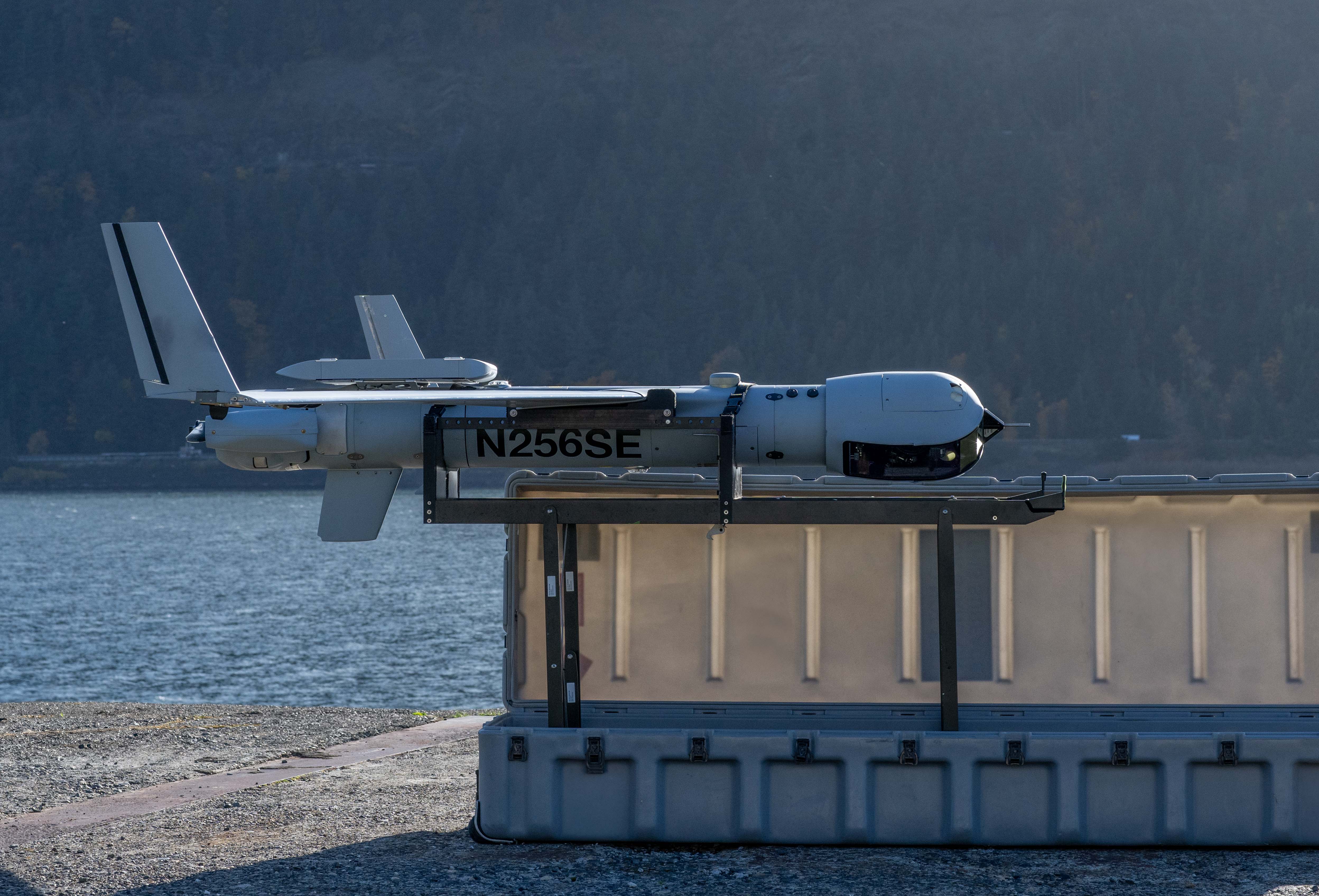 A ScanEagle UAS sits in its cradle at Insitu HQ in Bingen, WA